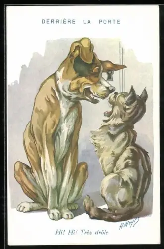 Künstler-AK A. Wuyts: Dobermann und Katze lachen
