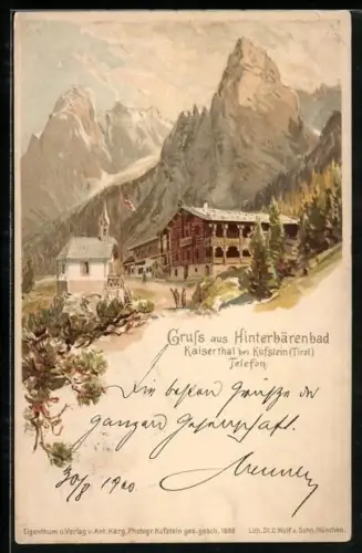 Lithographie Hinterbärenbad / Kaisertal, Ortspartie an der Kirche