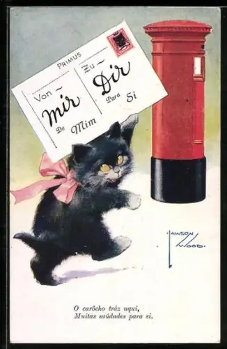 Künstler-AK Lawson Wood: Katze bringt eine Karte zum Briefkasten