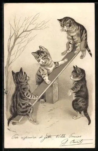 Lithographie Katzen spielen auf Wippe