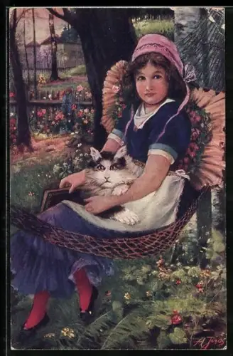 AK Ein Mädchen kuschelt mit ihrer Katze