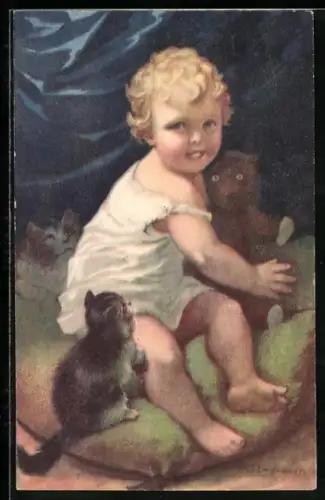 Künstler-AK Mein Teddy, Kleinkind mit Stofftier und Kätzchen