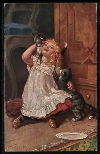 AK Mädchen spielt mit ihren Katzen