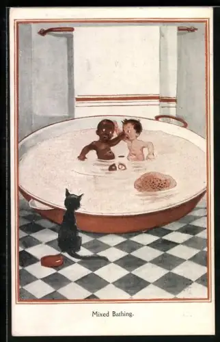 AK Schwarzes und weisses Kind in Wanne, Scherz