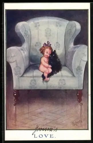 Künstler-AK T. Gilson: Nacktes kleines Mädchen kuschelt mit der Katze