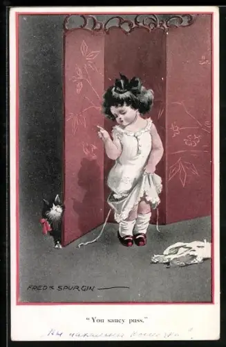 Künstler-AK Fred Spurgin: Mädchen befiehlt ihrer Katze Du darfst jetzt nicht hersehen