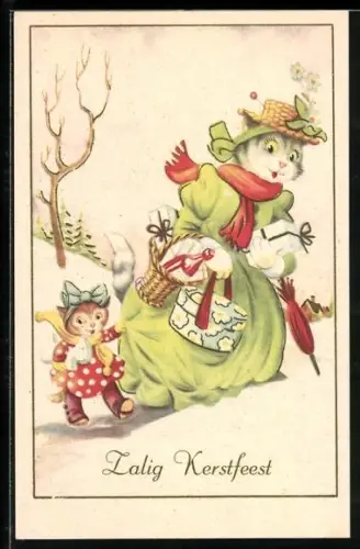 AK Katze mit Paketen und Katzenkind im Winter, Weihnachtsgruss
