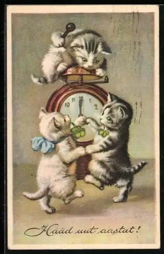 AK Katzenpaar tanzt an einem Wecker