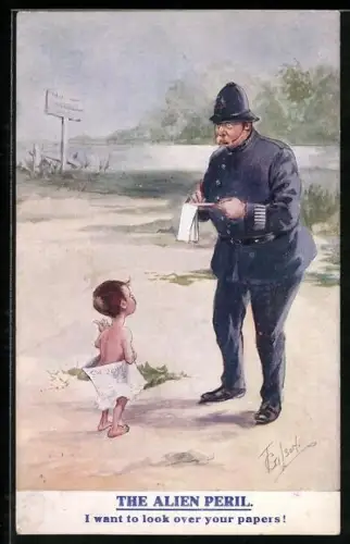 Künstler-AK T. Gilson: Polizist steht vor dem kleinen nackten Jungen und schreibt ihn auf