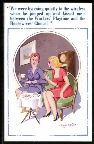 Künstler-AK Donald McGill: Between the Worker`s Playtime and the Housewives` Choice