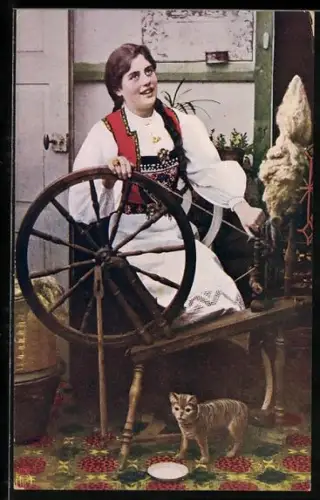 AK Spinnerin und kleine Katze