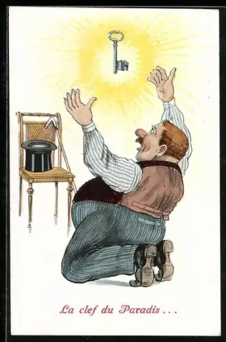 AK Scherz La clef du Paradis, Mann kniet auf dem Boden und greift nach einem Schlüssel