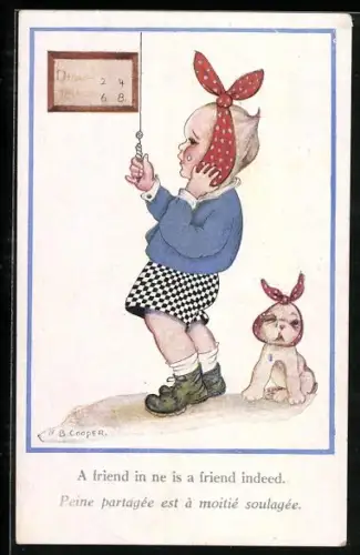 Künstler-AK sign. M. B. Cooper: kleines Mädchen und Hund mit Zahnweh