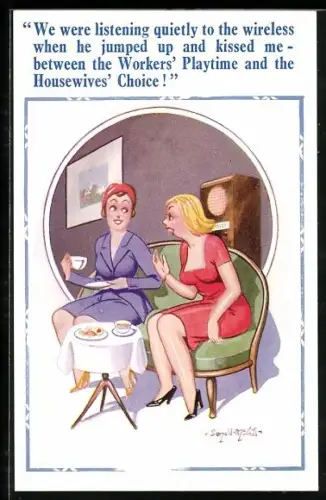 Künstler-AK Donald McGill: Between the Worker`s Playtime and the Housewives` Choice