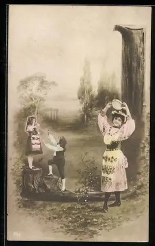 AK Junge Frau und Kinder in Tracht neben dem Buchstaben J