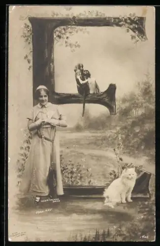 AK Frau und Kind mit Hund am Buchstaben E