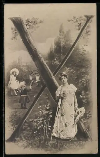 AK Mädchen und Tiere vor dem Buchstaben X