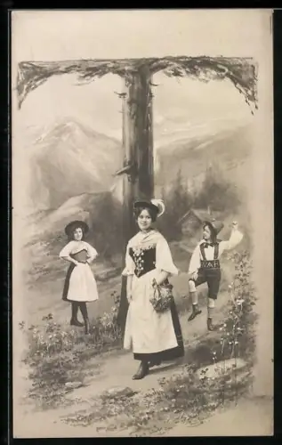 Foto-AK NPG NR: 195, Buchstabe T, Drei Kinder in Trachten