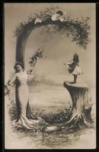 AK Kinder und Frau beim Buchstaben G mit Blumen