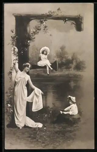 AK Buchstabe F mit einer Mutter und ihren Kindern am See