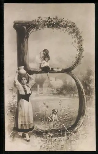 Foto-AK NPG NR: 195, Buchstabe B, Frau trägt Krug auf dem Kopf, Kinder mit Hund