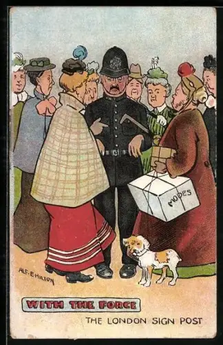 Künstler-AK London, Wachmann inmitten einer Frauengruppe