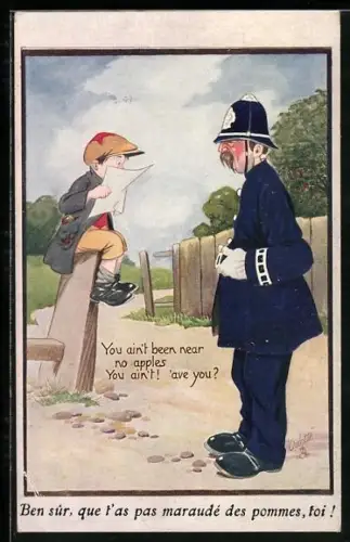 AK Polizei, Junge mit geklauten Äpfel tut unschuldig vor Polizist, You ain`t been near no apples, Have you?