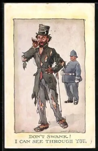 Künstler-AK Fred Spurgin: Polizist beobachtet den Stadtstreicher mit dem zerbeulten Zylinder