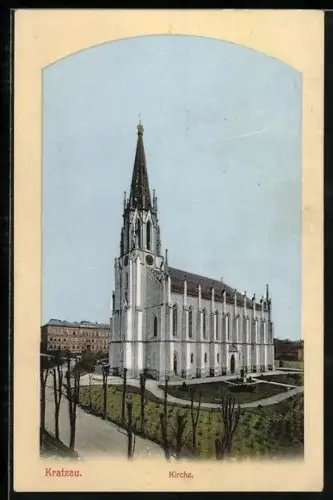 AK Chrastava-Kratzau, Teilansicht mit Kirche