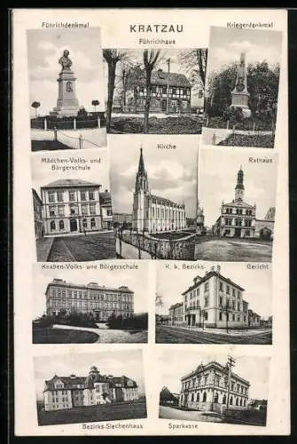 AK Kratzau, Kirche, Rathaus, Schulen, Sparkasse
