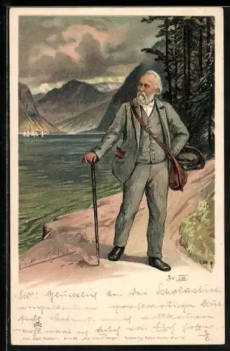 Künstler-Lithographie E. Döcker: Aus unseren Bergen, betagter Spaziergänger