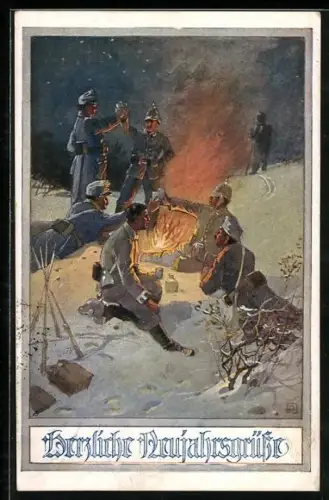AK Deutscher Schulverein Nr. 677: Deutsche und österreichische Soldaten einträchtig an einem Feuer im Felde