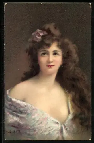 Künstler-AK A. Asti: Portrait einer jungen Frau im Gewand mit roter Blume im Haar