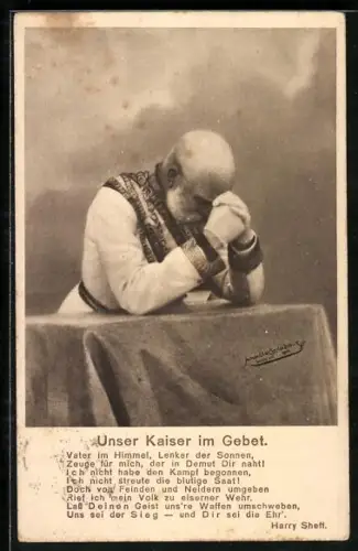 AK Kaiser Franz Josef I. von Österreich in Uniform, im Gebet