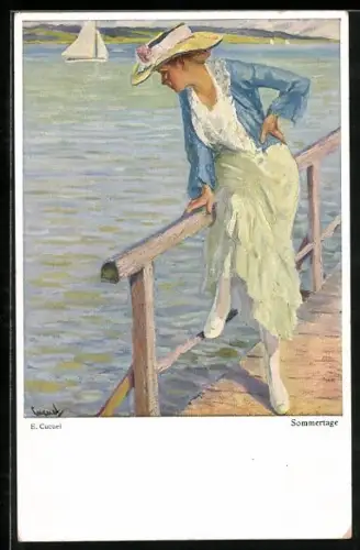 Künstler-AK sign. E. Cucuel: Sommertage, junge Frau am Steg schaut ins Wasser