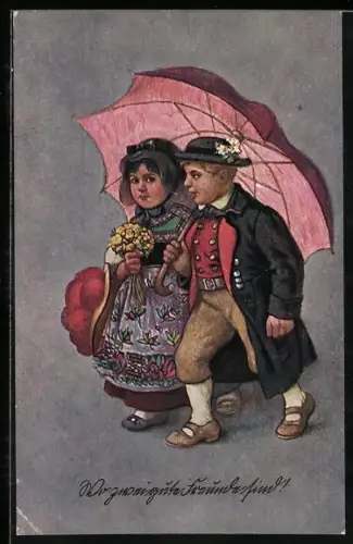 AK Junge und Mädchen in Schwarzwälder Tracht mit rotem Schirm