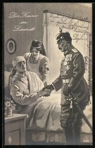 Künstler-AK Kaiser Wilhelm II. schüttelt die Hand eines Soldaten im Lazarett