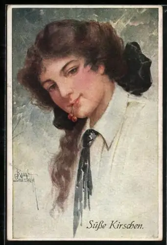 Künstler-AK Ruab Gnischaf: Frau mit reifen Kirschen im Mund