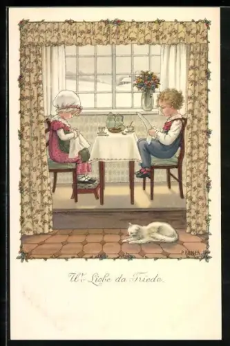 Künstler-AK Pauli Ebner: Kinder am Kaffeetisch mit Katze