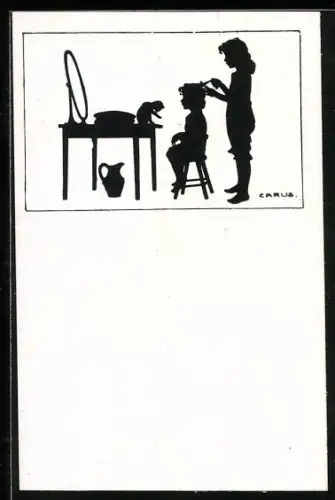 Künstler-AK Carus: Scherenschnitt - Mädchen frisiert einem Jungen die Haare