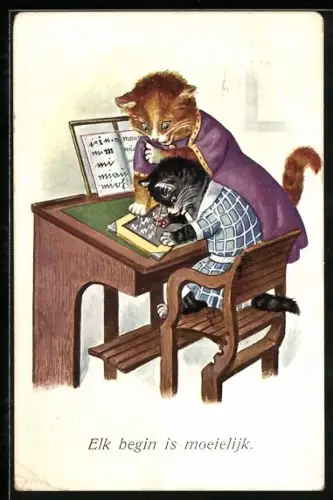 AK Aller Anfang ist schwer, Katzenkind lernt Schreiben, vermenschlichte Tiere