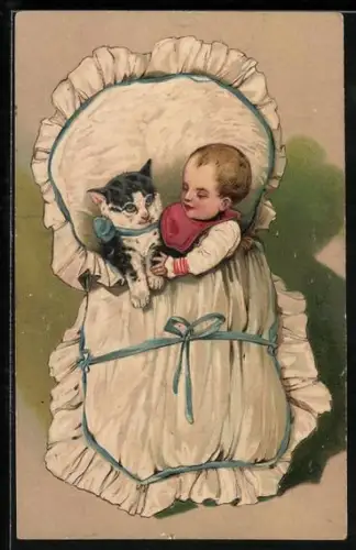 AK Baby kuschelt mit Katze