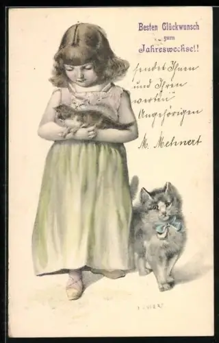 AK Mädchen mit Kätzchen auf dem Arm, Neujahrsgruss