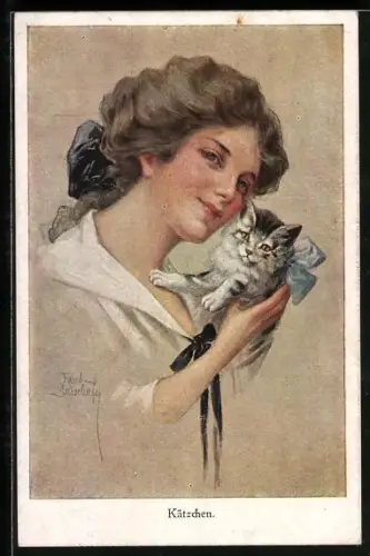 Künstler-AK Ruab Gnischaf: Kätzchen, Fräulein mit Katze