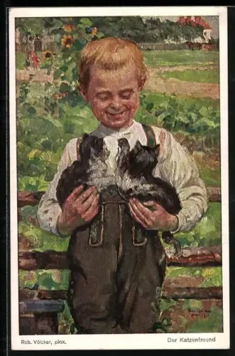 AK Bauernjunge hat kleine Katzen auf dem Arm