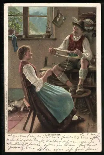 AK Mann hilft Frau beim Aufwickeln von Wolle