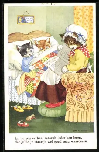 Künstler-AK A Bedtime Sory, Katzenmutter liest Kindern Gutenachtgeschichte vor