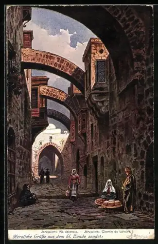 Künstler-AK F.Perlberg: Jerusalem, Via dolorosa, Chemin du calvaire
