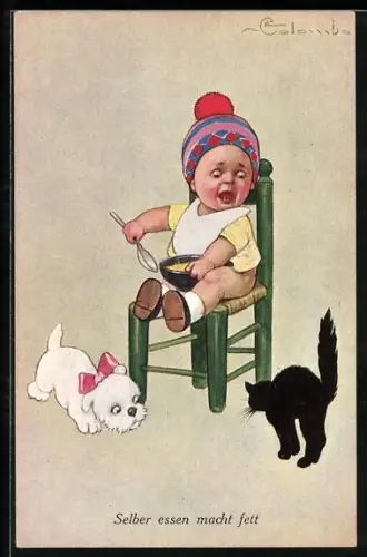Künstler-AK E. Colombo: Selber essen macht fett, Katze und Hund betteln um Futter