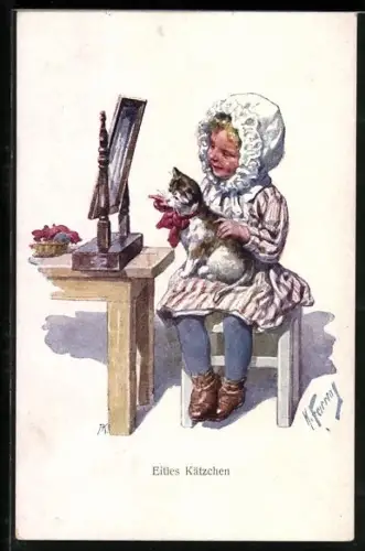 Künstler-AK Karl Feiertag: Mädchen und eitles Kätzchen vor dem Spiegel